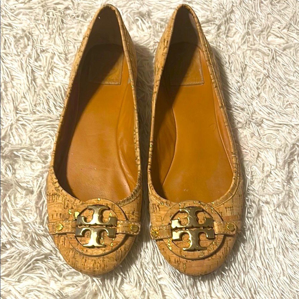 Tory Burch Cork Textured Flats with Gold Emblem